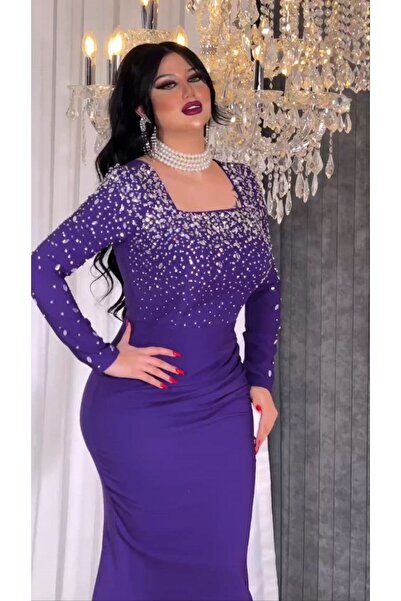 ZENABİYEM Zena Fashion Kare Yaka Yırtmaç Detaylı Kuyruklu Taş Baskı Abiye Elbise