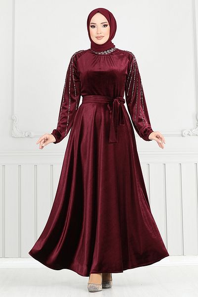 ModaMerve Stone Detailed Velvet Evening Dress - Burgundy 2014Efy931-M