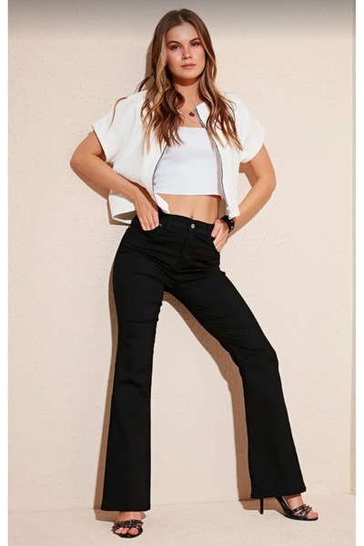 mooishan Γυναικείο μαύρο ψηλόμεσο τζιν με φαρδιά μπατζάκια Ganikus 90's