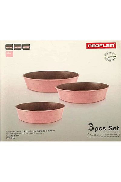NEOFLAM ,Midas,Round Ovenware Set of 3pcs,non stick cast Aluminum,(Round 24,26,28 CM),Pink Marble