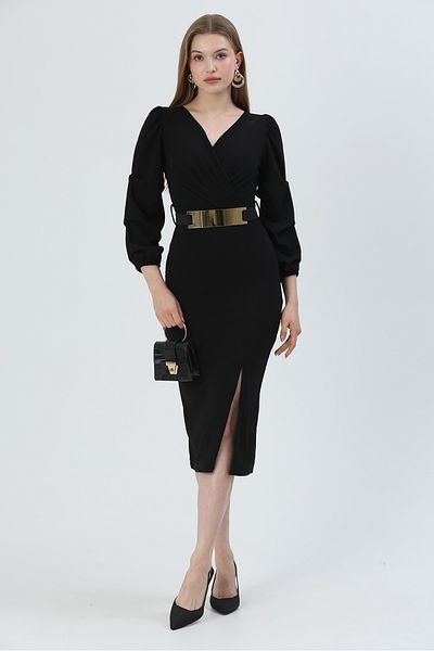 Secret Passion Lingerie Black Crepe Fabric Double Breasted Neckline Slit Design Midi Evening Dress with Belt 074