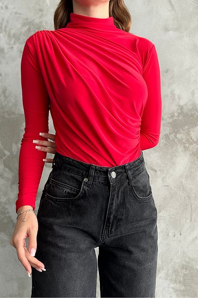 macharel jeans Women's Red Drawstring Detailed Stand Collar Sandy Blouse