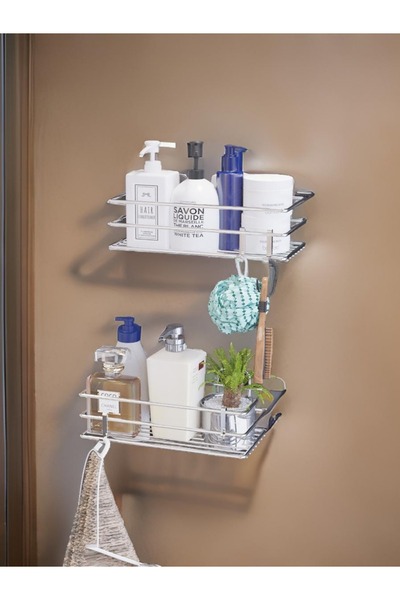 SUNTEL BANYO VE MUTFAK AKSESUARLARI Krom 2'li Yapışkanlı Kancalı Banyo Rafı Seti