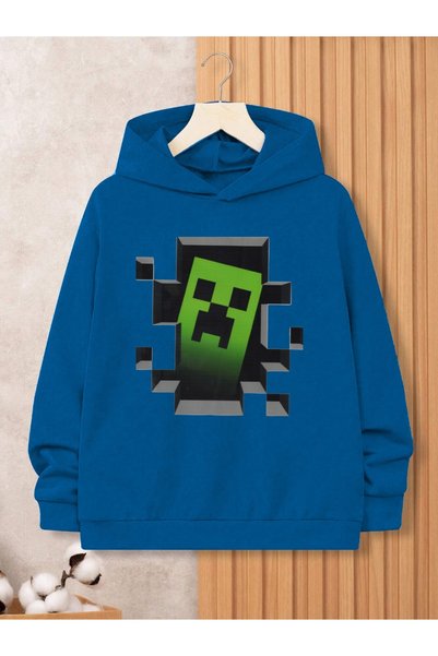 Heybely Kids Pamuklu Minecraft Baskılı Erkek Çocuk Kapüşonlu Sweatshirt Iki I...