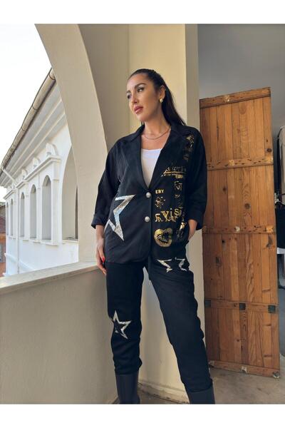 Butik Ayseba Kadın Nubuk Süet Kumaş Yıldızlı Pullu Ceket Pantolon İtalyan Takım