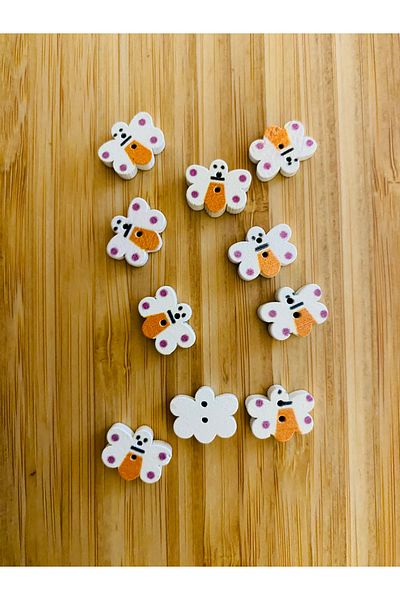 Kartopu Small Hole Butterfly Shaped Pattern Painting Wooden Button 10 X 14mm. Pack of 10. White.