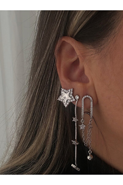 bijuxbymrv Zirkon Taşlı 3lü Set Sallantılı Yıldız Küpe Gümüş Renk