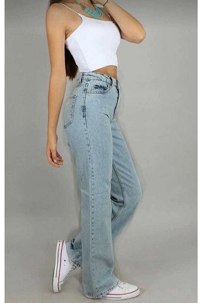 WODDİ Duryn Pamela Women's Super High Waist Blue Acid Snow Wash Wide Leg Lycra Palazzo Jeans Pants