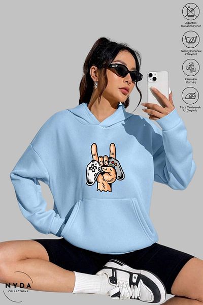 Nyda Collections Hanorac supradimensionat unisex cu glugă - mânecă lungă, imprimat pentru consolă de jocuri, bumbac