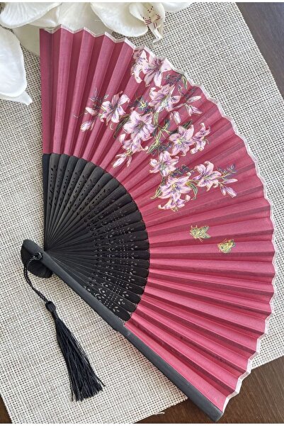 BERG Yelpaze Bordo Çanta Boyu Bambu Çiçek Desenli Yelpaze A512