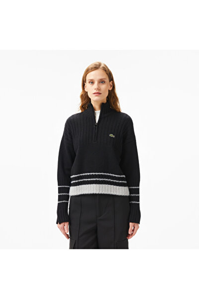 Lacoste Kadın Regular Fit Yarım Fermuarlı Renk Bloklu Siyah Kazak