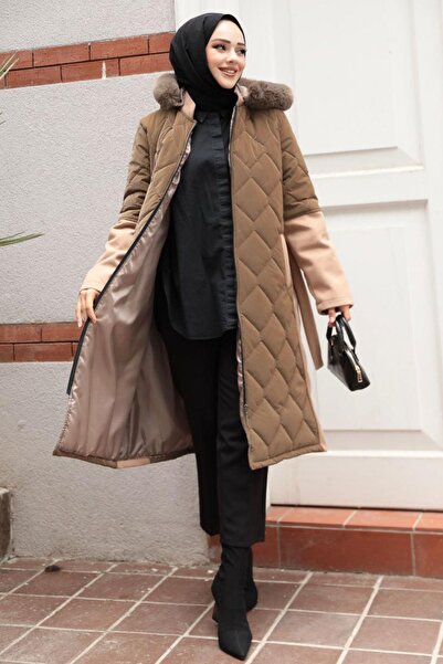 dk denemekabini Дамско палто с качулка и колан Kaşe Nova - Taba