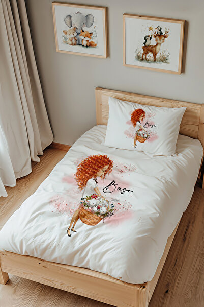Lilabio İsme Özel Tek Kişilik %100 Pamuk Nevresim Takımı (160X220 CM) Sepetli...