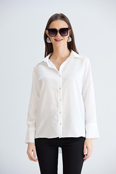 nurneva Дамска сатенена риза в цвят екрю с дълъг ръкав, редовна кройка, средн...