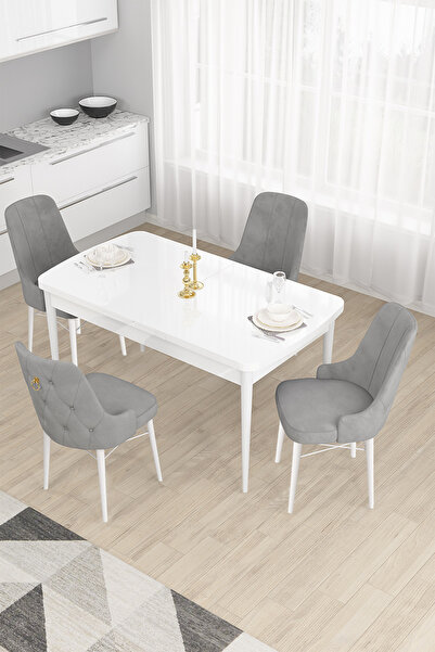 Canisa Concept Taç Serisi Açılabilir Mutfak Masası Takımı 80x132 Beyaz Masa 4...