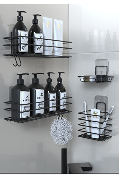 VİE HOUSE Yapışkanlı Siyah Metal Banyo Rafı 4lü Düzenleyici Set Banyo Seti Sa...