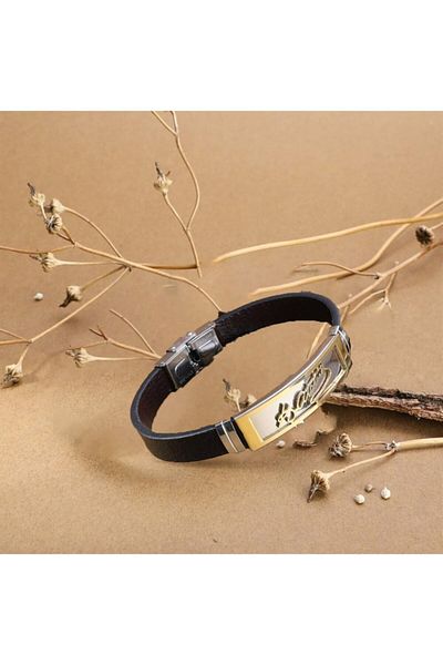 OSMANLI GÜMÜŞ Ataturk Signed Yellow Men's Steel Leather Rubber Bracelet