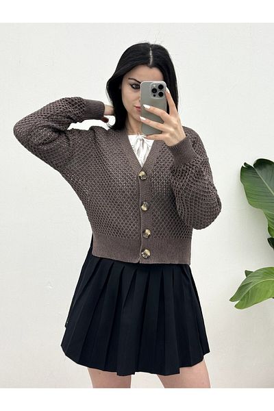 Modamorfo Openwork Brown Cardigan - Bone Button and Slit
