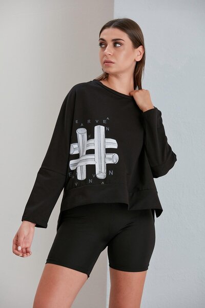 nurneva Black Printed Crew Neck Sweatshirt - Two Thread