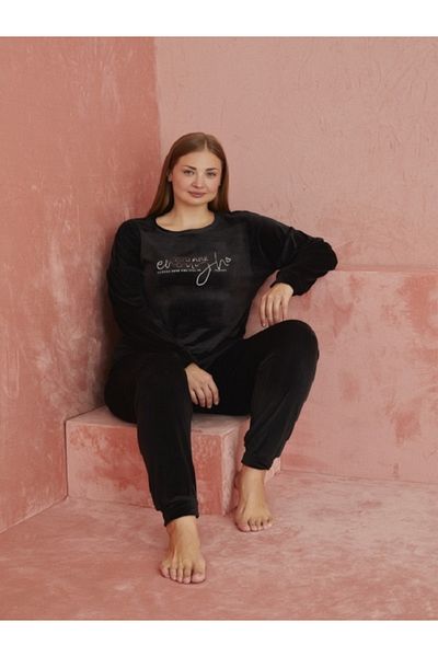 CALİA Set de pijamale de damă din catifea oversize, negru, mărime mare, NOU SEZON