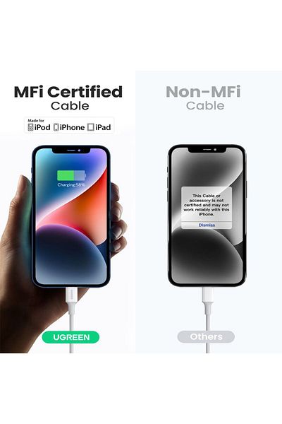 Ugreen كابل شحن ومزامنة بيانات USB-C إلى Lightning بطول 1 متر - أبيض