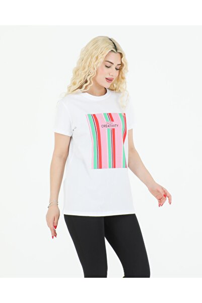 nurneva تي شيرت نسائي أبيض اللون برقبة دائرية وقصة عادية وطول متوسط ومطبوع بش...