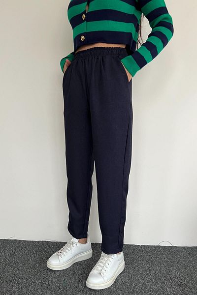 misigo CARROT CUT WAIST RUBBERED FABRIC PANTS NAVY BLUE