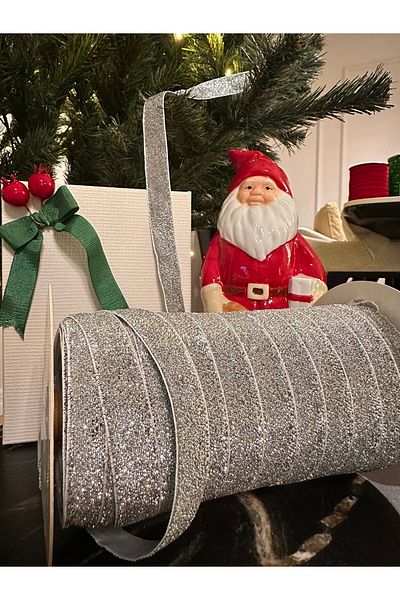 kadifecim Christmas Pine Tree Ornament - Silver Glitter Velvet Stripe, 10 Mt