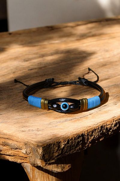 etniko Adjustable Leather Bracelet with Evil Eye Beaded String Wrap