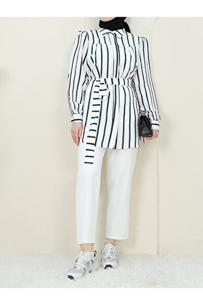 Modamorfo Thick Striped Buckle Belted Shirt -White