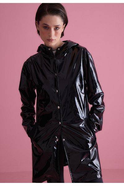 TUBİA Black Hooded Women's Leather Raincoat