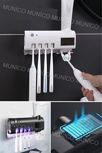 Munico Otomatik Diş Macunu Dağıtıcı UV Dezenfektanı Delinmeyen Duvara Monte Kaymaz Solar Enerjili Hijyenik