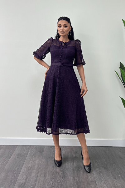 giyimmasalı Full Guipure Button Detailed Midi Dress Eggplant Purple