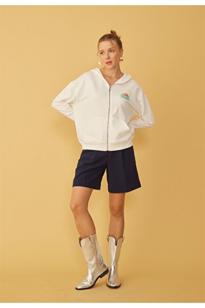 TUBİA Women's Ecru Color Hooded Zippered Back Printed Cardigan Sweatshirt