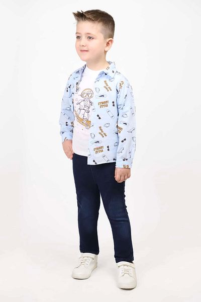 Hafez Kids Denim Trousers 3 Piece Set Glasses Printed Shirt and Skateboard Printed Blouse