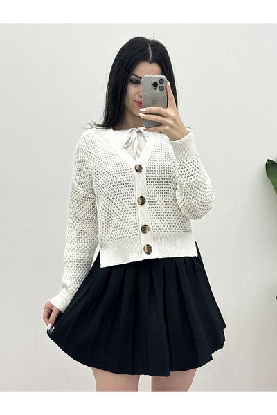 Modamorfo White Openwork Cardigan - Bone Button and Slit