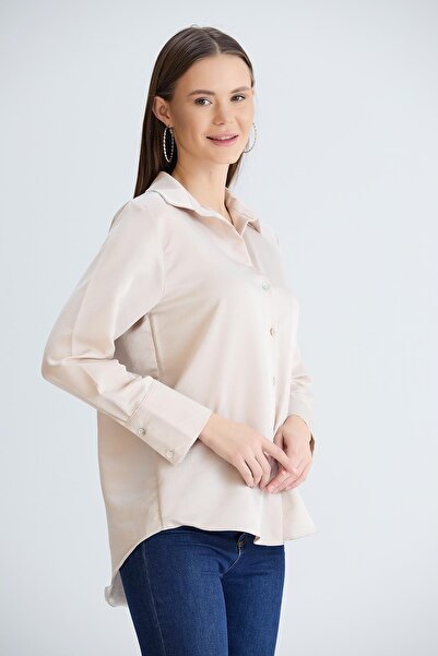 nurneva Cămașă din satin pentru femei, culoare piatră, cu mânecă lungă, model obișnuit, lungime midi, cu manșete lungi