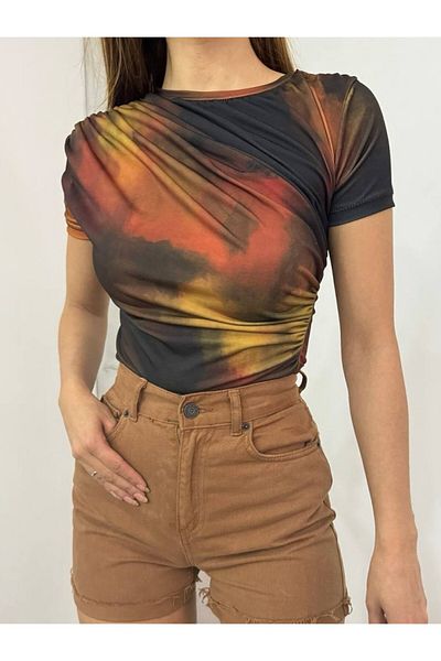 Modamorfo Ziegelfarbene, mit Batikmuster bedruckte Sendy-Bluse mit Kordelzug an der Schulter und an der Taille