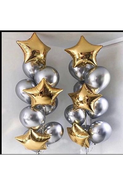 Papatya Süs Evi 14 Pieces Silver Chrome Balloon - Gold Star 6 Pieces