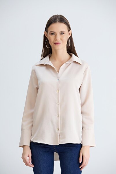 nurneva Cămașă din satin pentru femei, culoare piatră, cu mânecă lungă, model obișnuit, lungime midi, cu manșete lungi