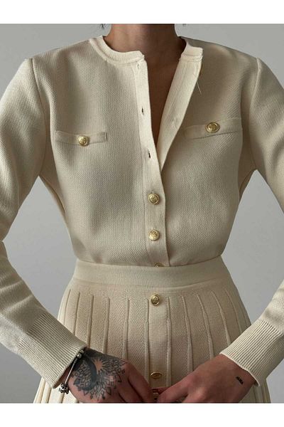 Abir Ecru Women's Knitwear Set - Button Detailed Cardigan and Skirt S/M