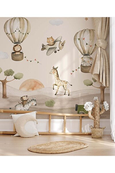 Tasarım Uçan Balonlar ve Zürafa Safari Çocuk Odası Duvar Kağıdı