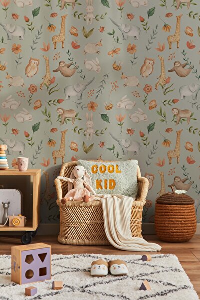 Tasarım Safari Hayvanlar ve Çiçekler Çocuk Odası Duvar Kağıdı