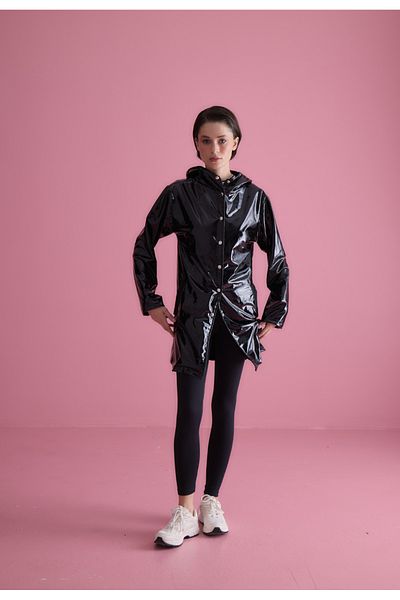 TUBİA Black Hooded Women's Leather Raincoat