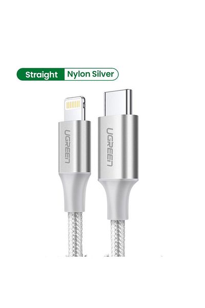 Ugreen كابل شحن ومزامنة بيانات مضفر من الألومنيوم USB-C إلى Lightning بطول 1 متر - فضي