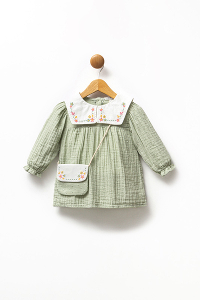 Minipodyum Kız Bebek Nakışlı Bebe Yaka Müslin %100 Pamuk Çantalı Bayramlık El...