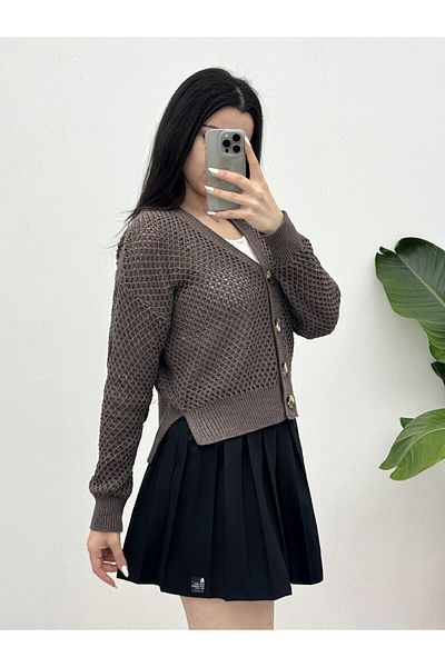 Modamorfo Openwork Brown Cardigan - Bone Button and Slit