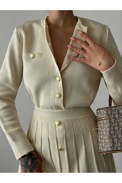 Abir Ecru Women's Knitwear Set - Button Detailed Cardigan and Skirt S/M