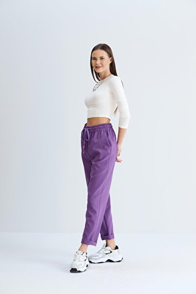 nurneva Pantaloni de damă de culoare violet cu talie elastică, lungime la gle...