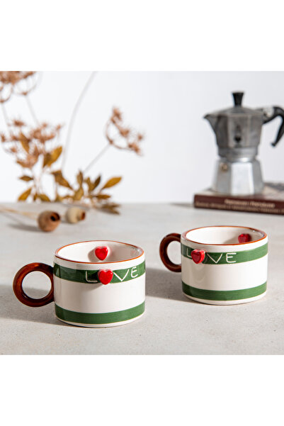 Ayda Seramik El Yapımı Seramik 2'li Love Kalpli Kahve Kupası - Fincanı
